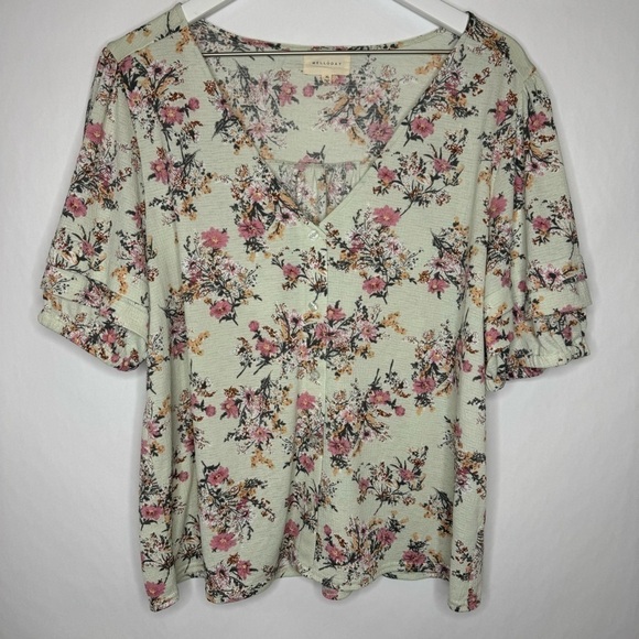 MELLODAY Light Mint Green Floral Print Button Front  Ruffle Sleeve Blouse - Picture 1 of 4